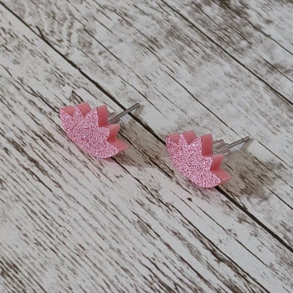 Sparkly Acrylic Light Pink Lotus with Light Pink Glitter Stud Earrings - Picture 5 of 10